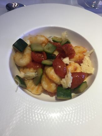 This was the main dish on LHR - JFK 2 Aug. Again, no description was given by the crew, but it was pasta. First cabin.  It wasn’t bad. 
