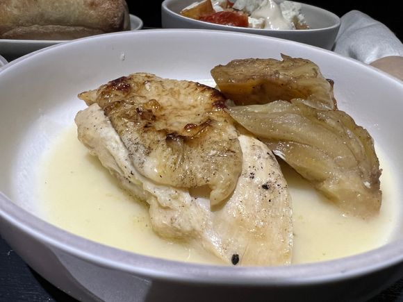 Roast chicken - creamed fennel, croutons.  Delicious dish and I used the bread to soak up the delicious sauce!  Skin was soggy though, not a big deal.