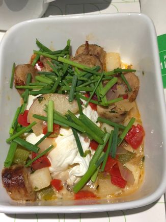 Chicken sausage hash - mushroom sauce, onions, peppers, potatoes, chives, poached egg