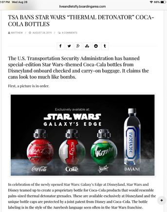 Coke bottles from Disney that are marketed as Star Wars Thermal detonators apparently look too real. 
