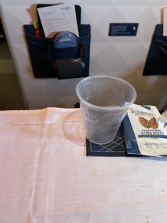 Premeal drinks service. Plastic cups, pre-packaged nuts. Only two choices, "Sparking Water or Pellegrino." (Flight attendant was not exactly helpful, throughout the flight.) Turns out the choices were really Sparkling Wine or Pellegrino