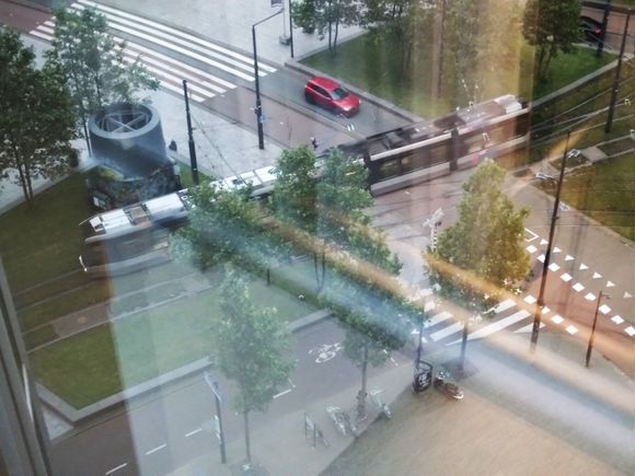 The frequent trams passing by over track switches.