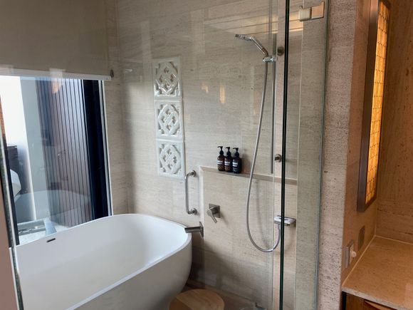 Bathroom (toiletries are Pharmacopia in big bottles)