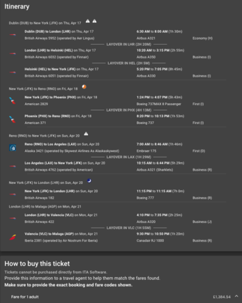 I tweaked the above RNO run to add a HEL flight. In terms of cost per TP it makes it a bit less economical but for me it's quite interesting because of the variety of aircraft involved. I'll get to try the AY Business seat and both kinds of AA seats. 