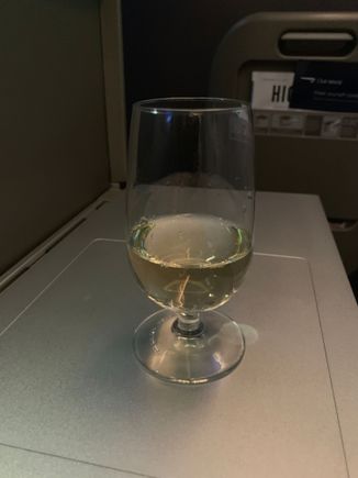 BA72 Club World. The new smaller champagne glasses and new levels of success in how little champagne you can get away with pouring into them. Several glasses presented on a tray to choose from as a welcome drink. I went for the largest! 