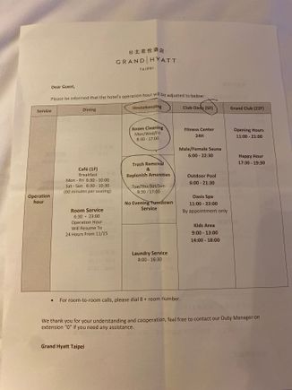 Here’s a photo of dining/housekeeping/etc schedule as of early Jan 2023