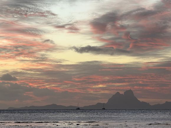 Sunset views from Fare Miti, looking toward Bora Bora in the distance.