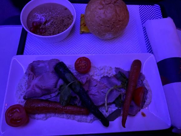 MUC - LHR rather blue beef 😀 couldn’t work out the sauce/dressing. Kinda looked like horseradish but didn’t taste like it.