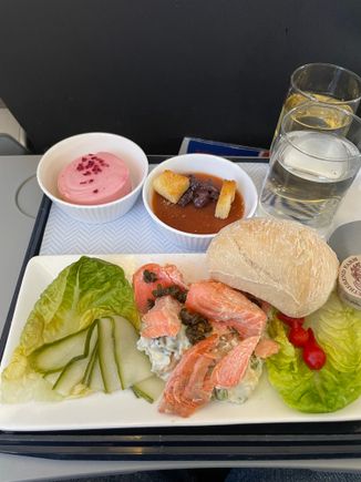 Decent trout salad on way back from Edinburgh but I have no idea what the odd brown starter was with black olives and croutons - some sort of set consome?

Even after eating it I have no idea!

Any thoughts?