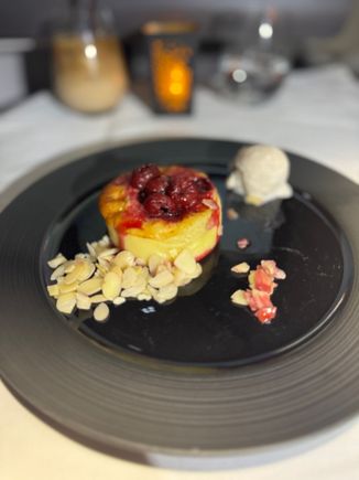 Brunch - to finish off before landing, I ordered the sour cherry clafoutis from the late night menu as well. This was served warm with a side of vanilla bean ice cream - best item from the menu so far.