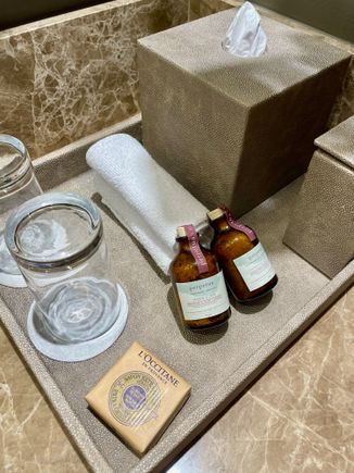 Except from the bath salts, all amenities are from l'Occinate.