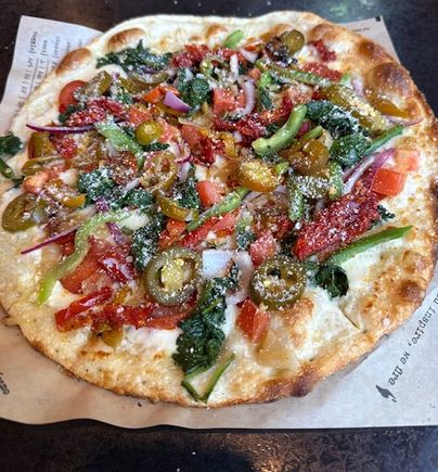 For lunch - “Build your own pizza” with garlic oil, Alfredo, mozzarella, parm with pepperoni and a ton of veggies from Fired Pie