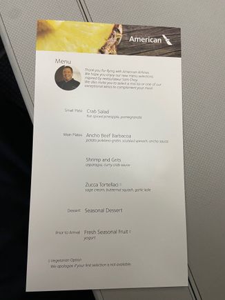 Menu - American Airlines First Class Maui (OGG) to DFW (Dallas/Ft. Worth)