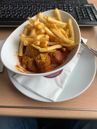 Currywurst mit Pommes for lunch. I ordered via the ICE online portal and it was delivered to my seat. Great service!