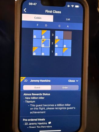 Just as an FYI, here’s what the F/A sees on a Millionth Mile flight. Mine was 9/20; She said she’d never see that star before. Over a month later, there’s been no email sent referencing any kind of gift (many in the past discussed choosing from a few gift options, like a model plane). My guess is that since we as MM’ers now get a 20K EQM head start, person in household can match status, etc., those physical gifts from the past may’ve gone away for good? Would be interested to know for sure.