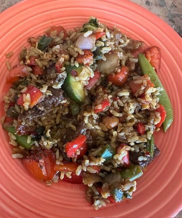 And for lunch, leftover Mongolian beef with brown rice from Pei Wei, stir fried with fire roasted veggies from Costco and garlic oil and soy sauce. Very happy with the results. 