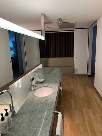 Everything is mirrored - sinks, towels, hair dryer and the mirror :)