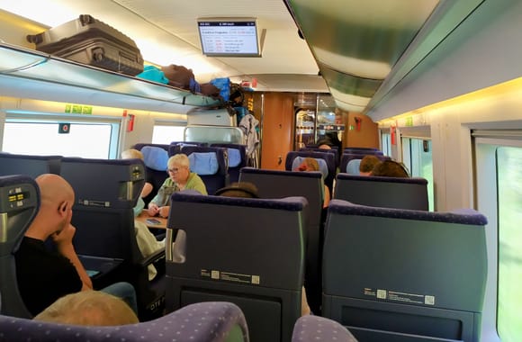 This is the interior of the Deutsche Bahn train with a Lufthansa flight number - economy class gets booked into 2nd class on the train 