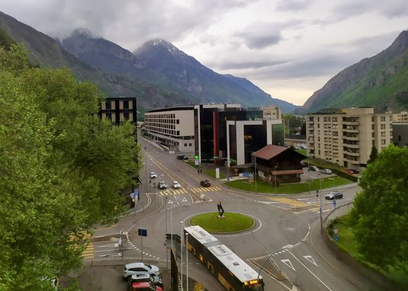 Looking down from the hotel xxxx, where we had a post-recital apéro, on the beauty of Martigny (national route 9)