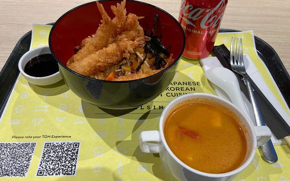 Menu option C: soup of the day, crispy shrimp rice bowl and soda