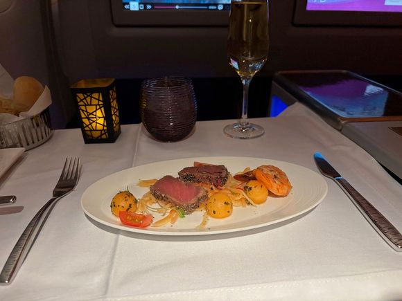 Duo of seafood - pepper crusted tuna and tiger prawn