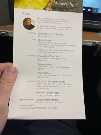 American Airlines First Class menu Maui to Dallas