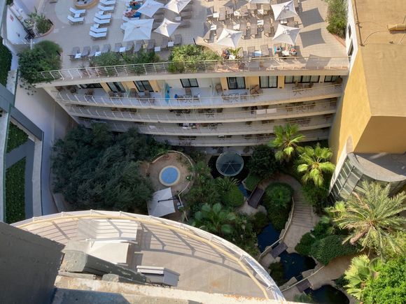 Looking down to see the side garden and on top the sundeck conneting to the lower Narcis pool on level 10