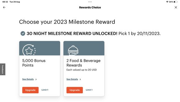 The same choice presented : points or F&B vouchers : note mine says choose one per 