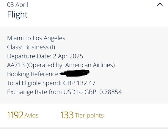 AA operated flight only awarded nTP according to spend.