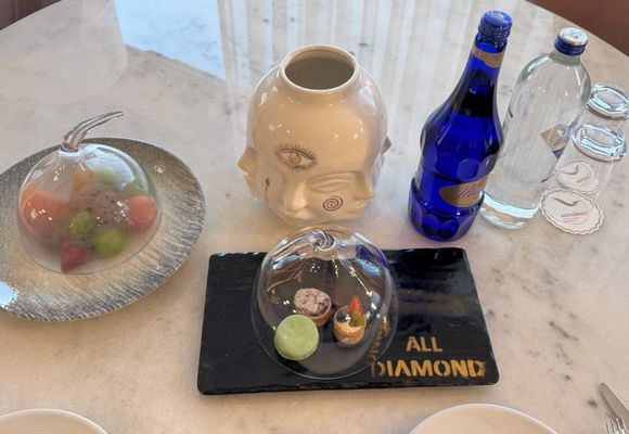 mineral water, fruit and sweet treats