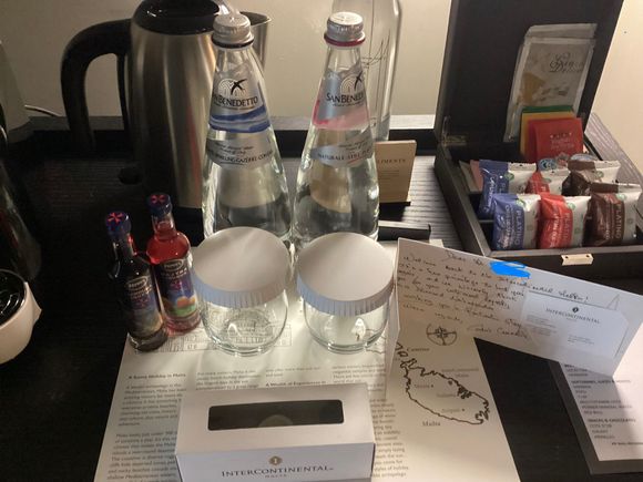 Box of chocs, still/sparkling water plus some local liqueurs with a handwritten card from the manager.