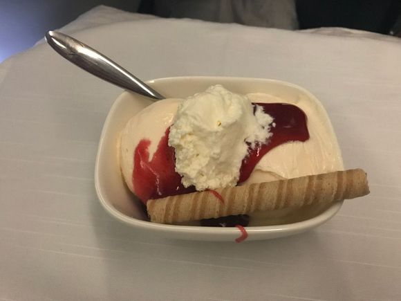 Ice cream with strawberry topping