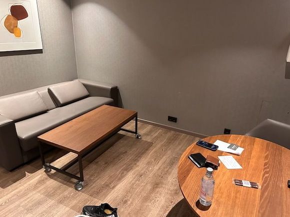 Living room of the one-bedroom suite (sorry for the pocket dump and shoes)