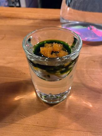 I started off-menu, with an oyster shooter. Served in a shot glass, it was oyster with some spicy thai flavors on top. I don’t usually go for shellfish, but this was delicious.