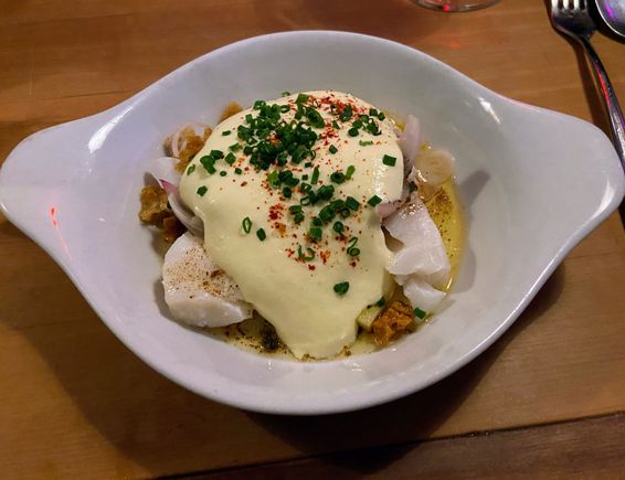 “French cuisine has a lot of rules, for example, that you are not allowed to mix dairy fat with olive oil. So that’s what we did.” Excellent cod with brown butter, topped with olive oil mashed potatoes. A mash up on two levels, and one of the best individual dishes I’ve had this year.