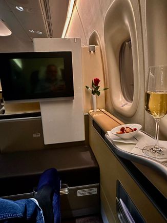 LH F pre-departure champagne. Thienot 2008.