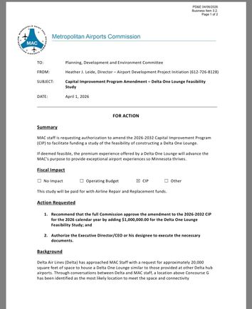 A staff memo from the upcoming Metropolitan Airports Commission meeting. 