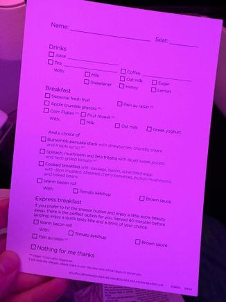JFK-LHR breakfast card