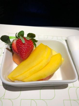 Fresh Fruit Dessert: Papaya, Mango, Pineapple, Strawberry.  Ice cream was offered as well (on its own or plus fruit, but I skipped it).