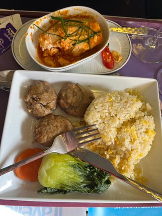 Main, salmon curry ....... with mini beef burgers!