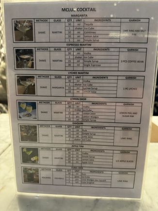 Evening cocktail menu