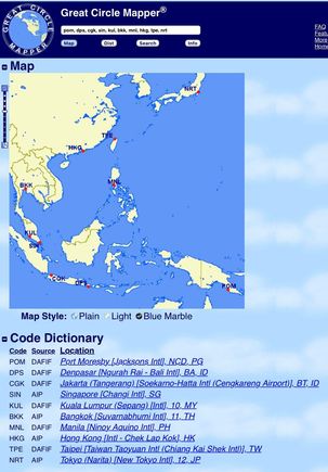 I think a map will make it easier to follow my thinking than words alone

I can think of eight possible connecting points across seven countries, so in each case the flag carrier of that country would be the airline of record:
DPS / CGK - Garuda
SIN - Singapore
KUL - Malaysian
BKK - Thai
MNL - Philippine Airlines
HKG - Cathay Pacific
TPE - China Airlines 