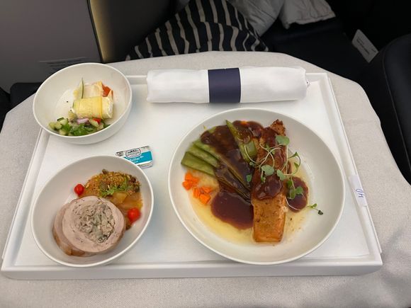 Pork and veggie appetizers, salmon main