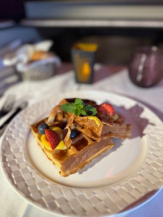 Coconut waffles with mango curd - surprisingly good