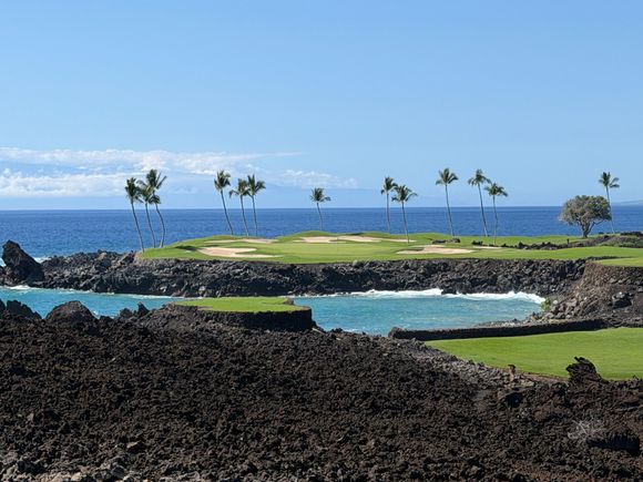 The Par 3 15th at Mauna Lani South right in the ocean. 