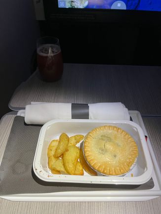 Was ok, I wish they could change up the "snack" Chicken pot pie  has been on the menu the past 8 months anytime it is leaving from YYZ.