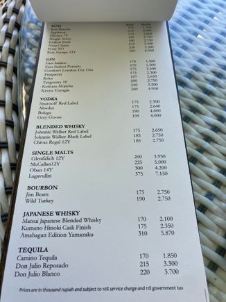 Drinks menu
