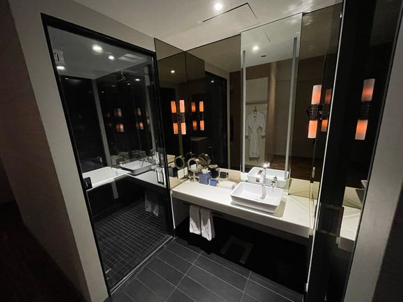 Bathroom area largely the same with shower, tub, and toilet. Think its identical décor as the King Deluxe.