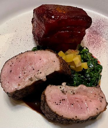 Pork loin and pork belly, collard greens, golden beets.  From Husk in SAV. 