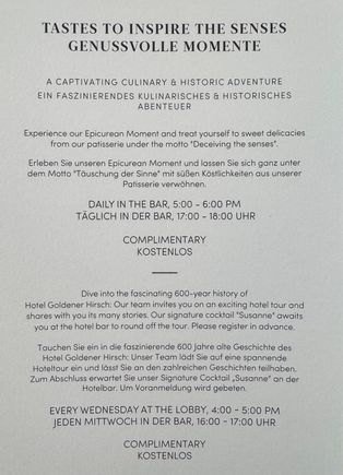 Information about tour and evening chocolate at the bar